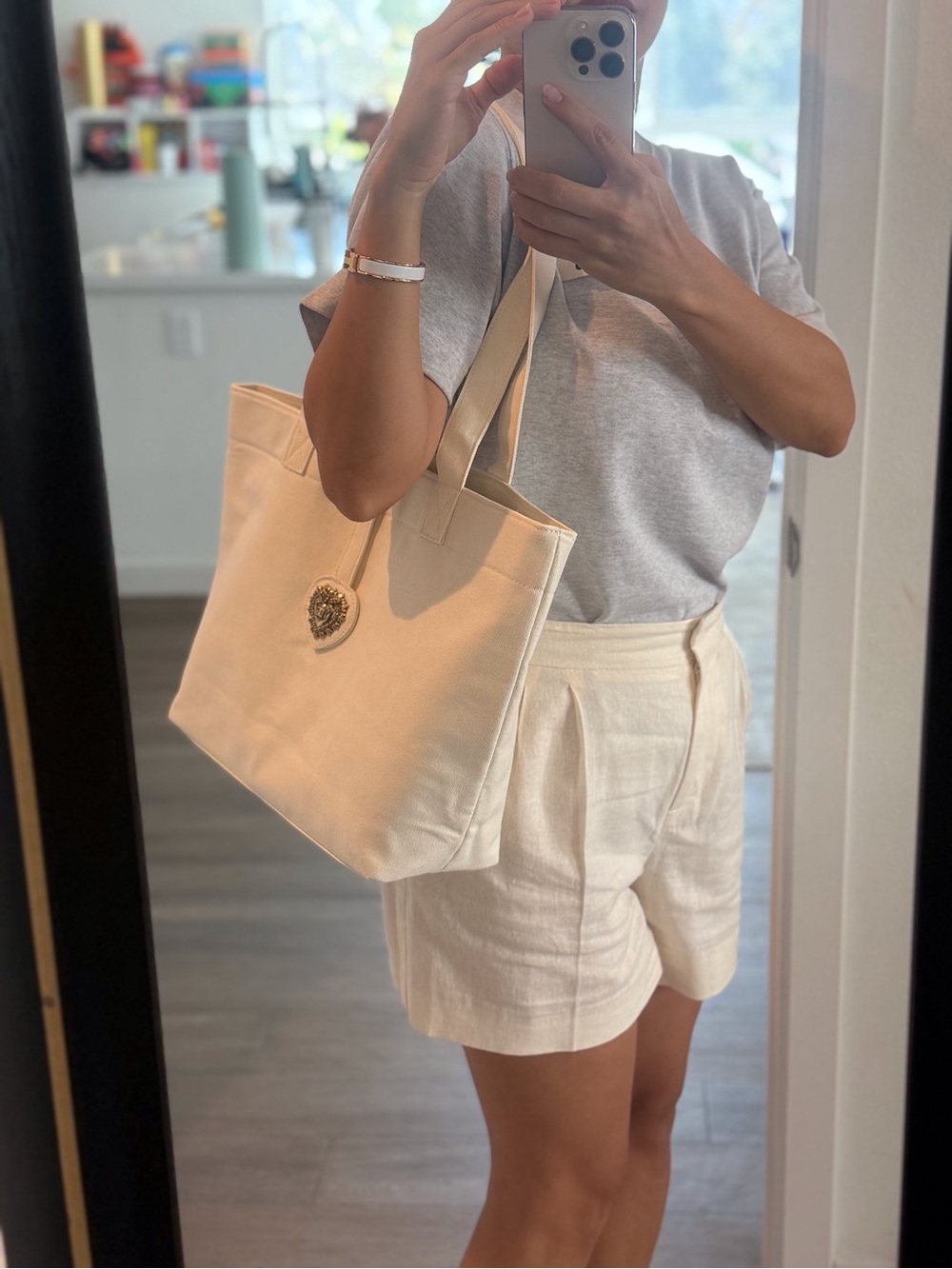 Dolce Gabbana Cream Canvas Tote Bag with Decorative Heart Charm